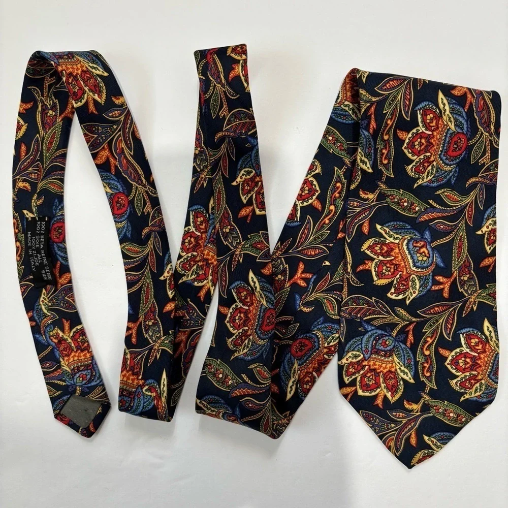 Emilio Sandrini Kreymborg Vintage Navy Orange 100% silk paisley brocade Neck Tie